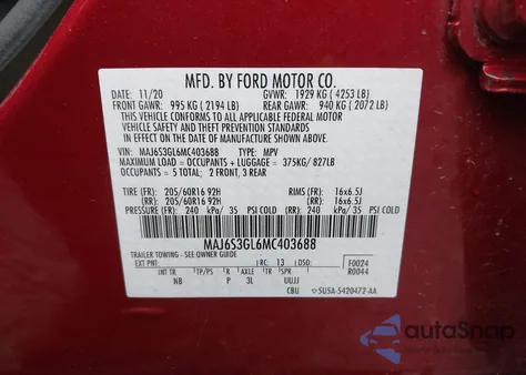 2021 Ford Ecosport Se из США, поврежденный, VIN MAJ6S3GL6MC403688